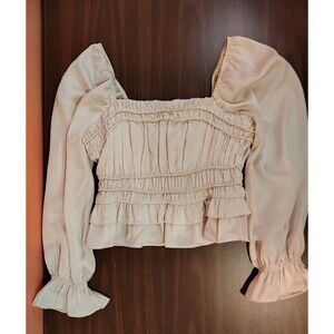 Women's Greylin Satin Square Neck Smocked Long Sleeve Blouse Ivory Small